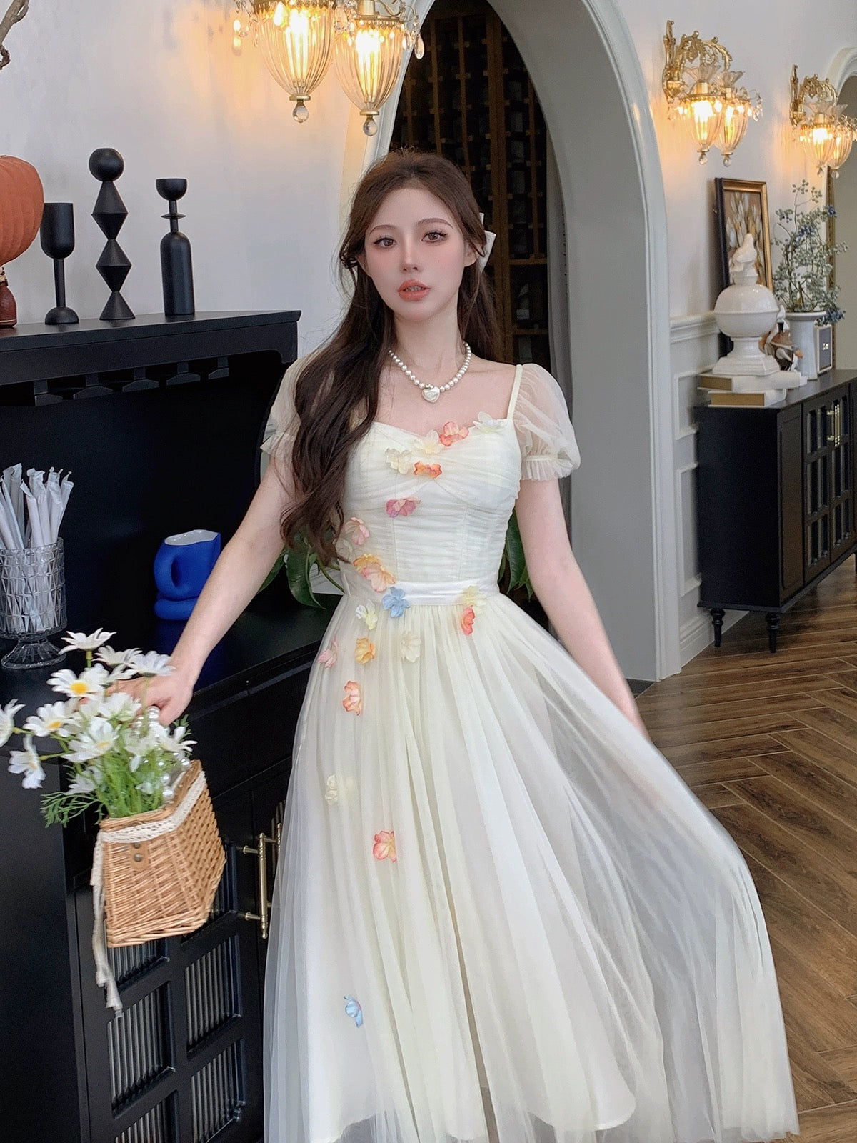 Bingbing is here丨[Berlin Flowers] French sweet niche A-line dress fairy three-dimensional flower long dress