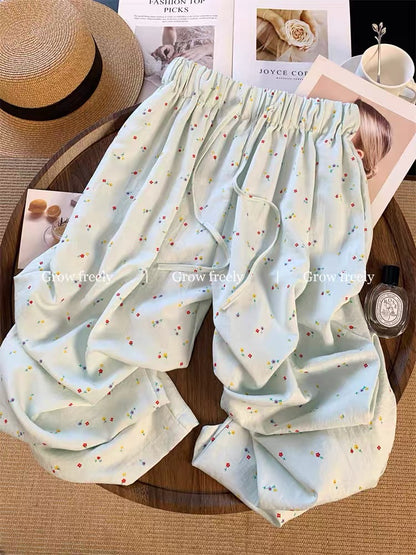 Grow freely Green floral print casual wide-leg pants for women, summer thin straight leg versatile Yamamoto pants