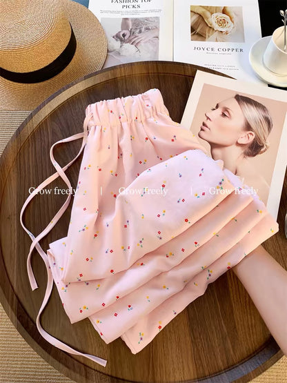 Grow freely Green floral print casual wide-leg pants for women, summer thin straight leg versatile Yamamoto pants