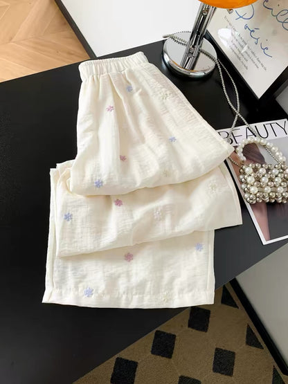 Recommended for personal favorites~ Summer embroidered ice silk linen wide-leg pants for women, thin, loose, slimming, casual and cool long pants.