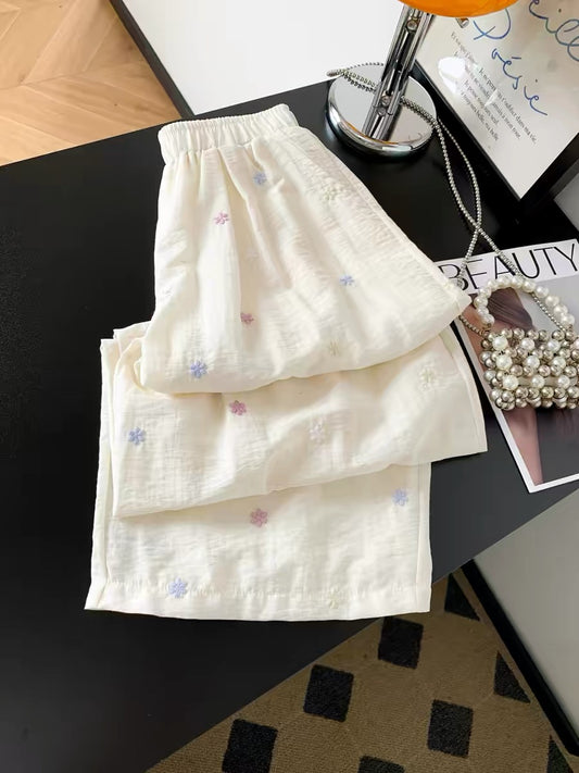 Recommended for personal favorites~ Summer embroidered ice silk linen wide-leg pants for women, thin, loose, slimming, casual and cool long pants.