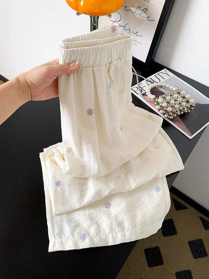 Recommended for personal favorites~ Summer embroidered ice silk linen wide-leg pants for women, thin, loose, slimming, casual and cool long pants.