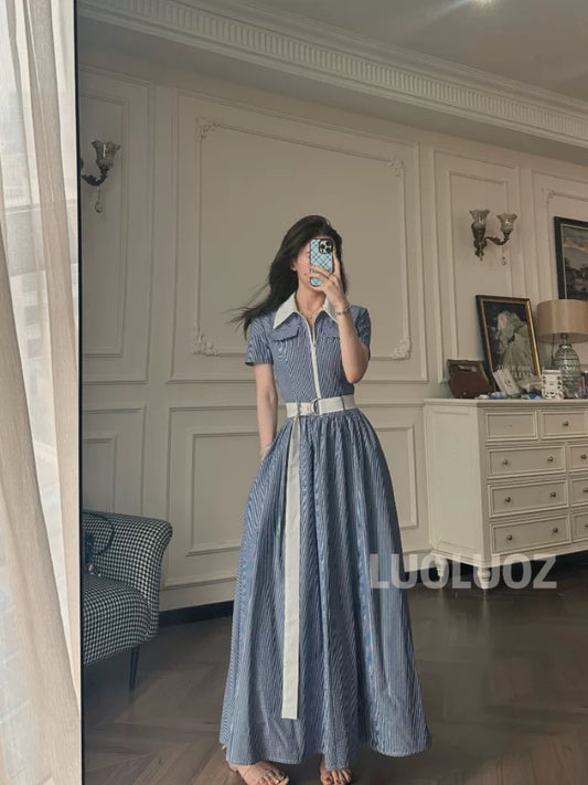 LUOLUOZ【Island Summer】Sophisticated and Elegant Color-Blocked Long Dress CC163