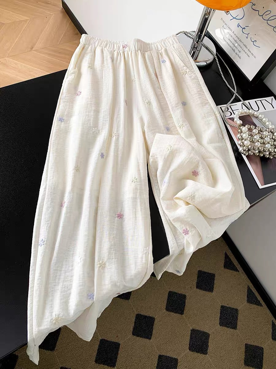Recommended for personal favorites~ Summer embroidered ice silk linen wide-leg pants for women, thin, loose, slimming, casual and cool long pants.