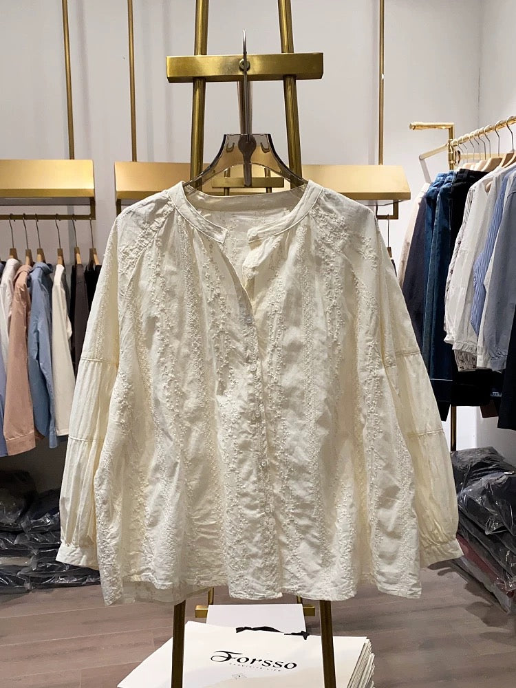 [Xiao Ai's Stall Photos] French Retro Gentle Design Embroidered Round Neck Blouse for Women, Spring and Autumn Elegant Top
