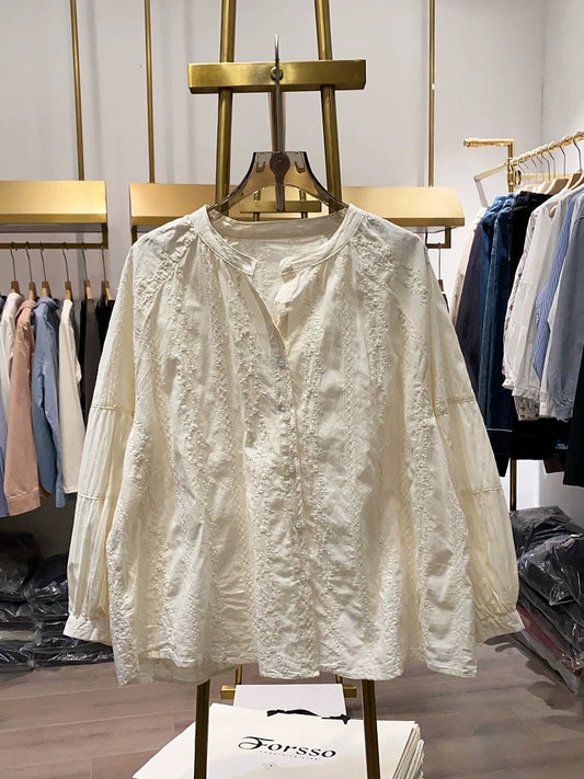 [Xiao Ai's Stall Photos] French Retro Gentle Design Embroidered Round Neck Blouse for Women, Spring and Autumn Elegant Top
