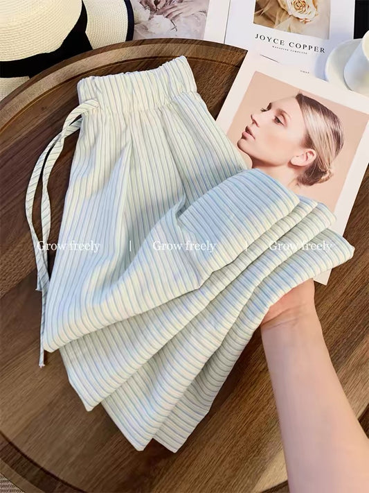 Grow freely Korean style blue striped thin casual wide-leg pants for women, summer drawstring, niche style, versatile long pants