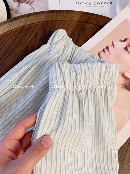 Grow freely Korean style blue striped thin casual wide-leg pants for women, summer drawstring, niche style, versatile long pants