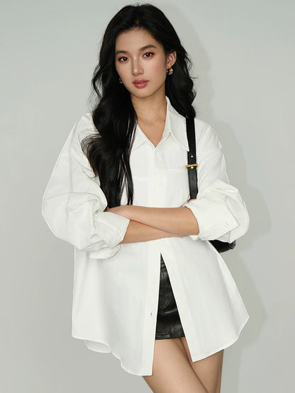NEVA HU white long-sleeved work shirt women's loose autumn design niche back slit shirt