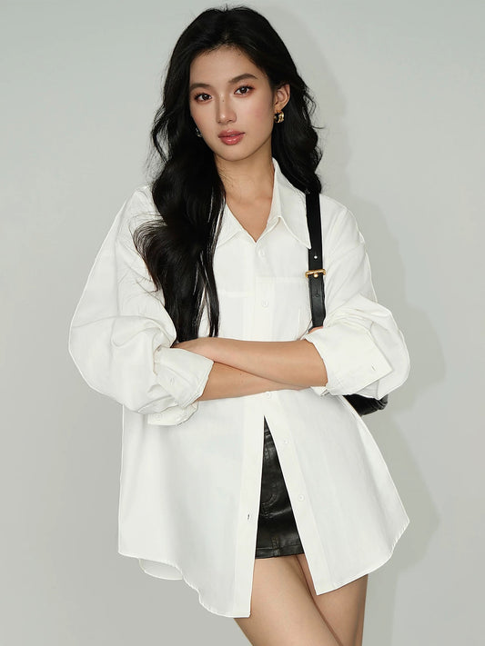 NEVA HU white long-sleeved work shirt women's loose autumn design niche back slit shirt