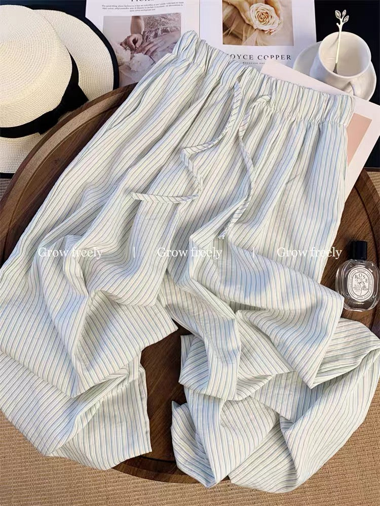 Grow freely Korean style blue striped thin casual wide-leg pants for women, summer drawstring, niche style, versatile long pants
