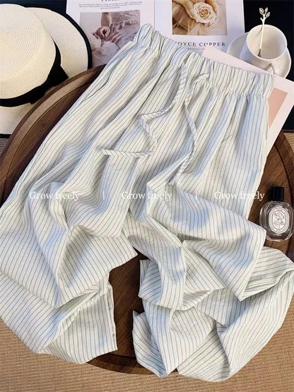 Grow freely Korean style blue striped thin casual wide-leg pants for women, summer drawstring, niche style, versatile long pants
