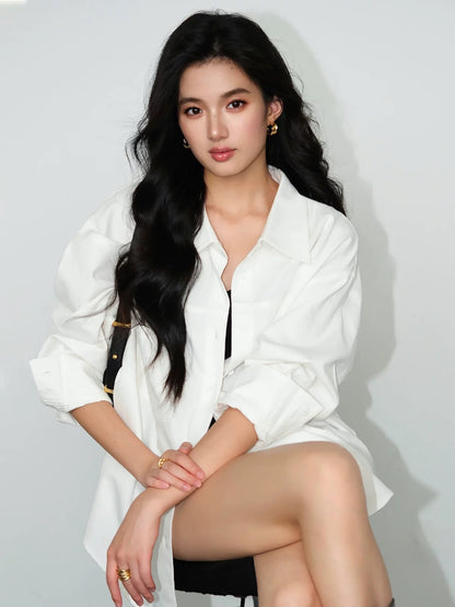 NEVA HU white long-sleeved work shirt women's loose autumn design niche back slit shirt