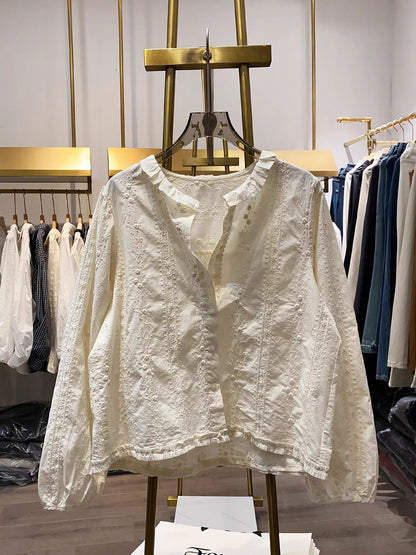 [Xiao Ai's Stall Real Shot] 2026 Autumn New Cute Style Simple Shirt Women's Lace Collar Vertical Stripe Shirt