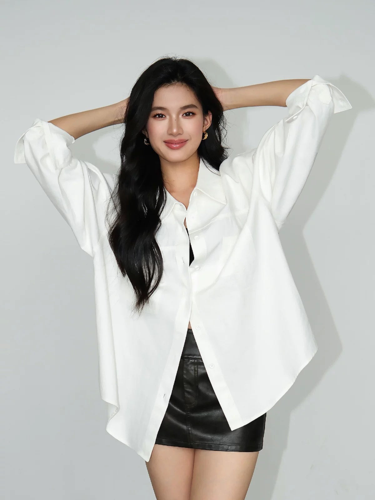 NEVA HU white long-sleeved work shirt women's loose autumn design niche back slit shirt