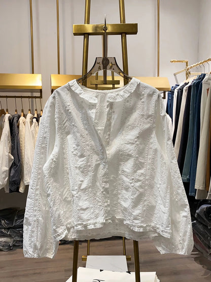 [Xiao Ai's Stall Real Shot] 2026 Autumn New Cute Style Simple Shirt Women's Lace Collar Vertical Stripe Shirt