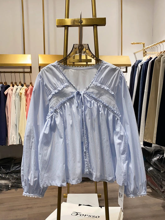 [Xiao Ai's Shop Photos] V-neck tie-up hollowed-out blouse for women, new autumn style, Korean fashion, versatile top.