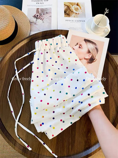 Grow freely Colorful polka dot wide-leg pants for women, summer style, thin, high-waisted, slimming, loose, casual straight leg pants