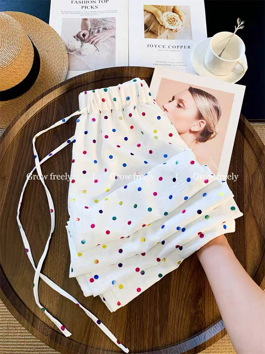 Grow freely Colorful polka dot wide-leg pants for women, summer style, thin, high-waisted, slimming, loose, casual straight leg pants
