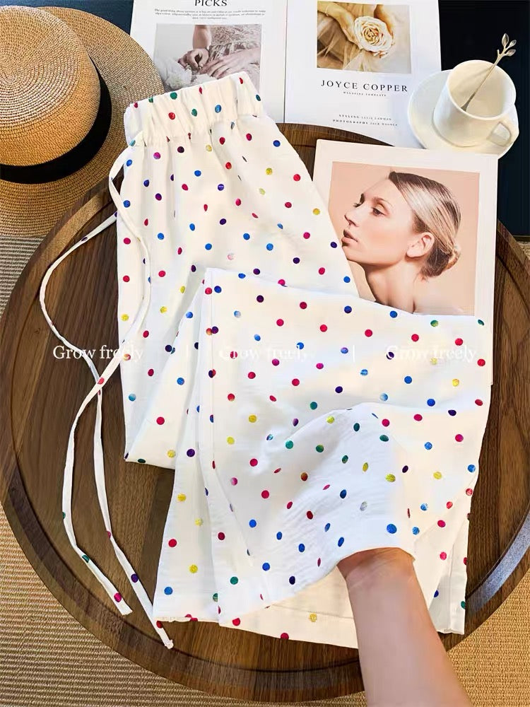 Grow freely Colorful polka dot wide-leg pants for women, summer style, thin, high-waisted, slimming, loose, casual straight leg pants