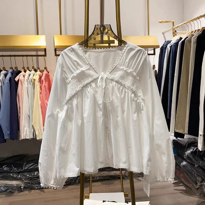 [Xiao Ai's Shop Photos] V-neck tie-up hollowed-out blouse for women, new autumn style, Korean fashion, versatile top.