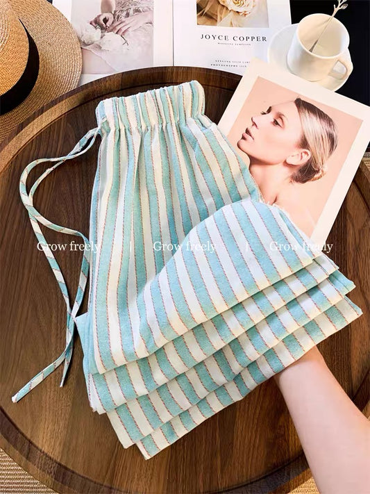 Grow freely Blue Striped Loose-fitting Relaxed Style Casual Pants Women's Summer Elastic Waist Wide-leg Pants