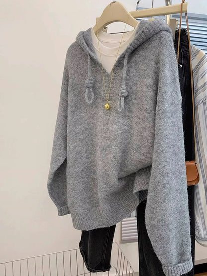 Gray pullover hooded sweater for women autumn and winter outer wear 2024 new hot style loose lazy style knitted sweater top