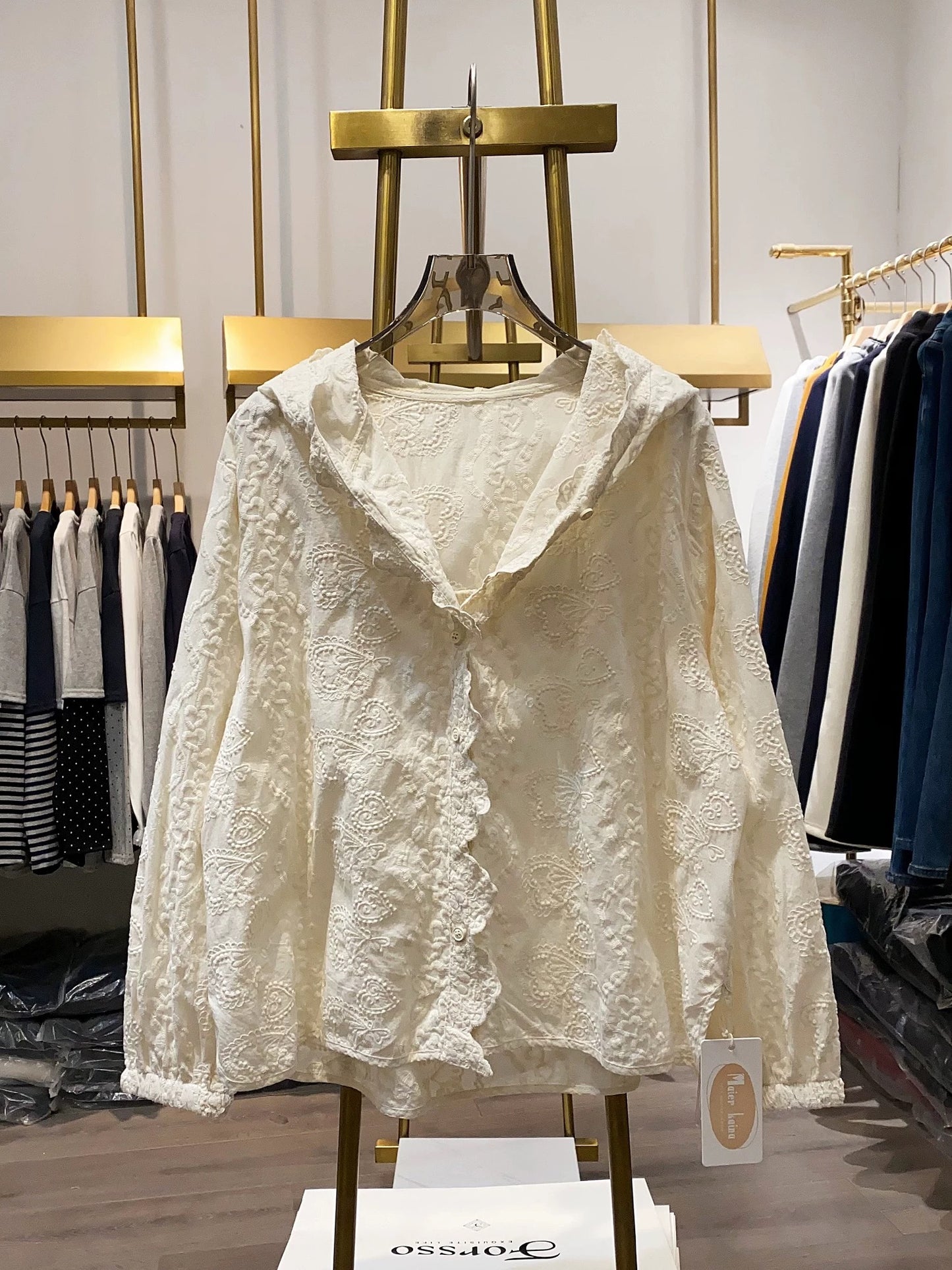 [Xiao Ai's Stall Real Shot] Korean Style Sweet Lace Heart Embroidered Hooded Top for Women, New Spring Style