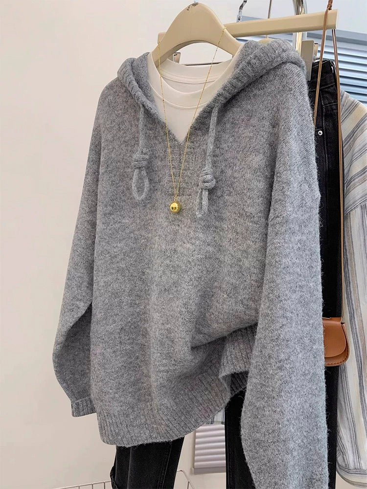 Gray pullover hooded sweater for women autumn and winter outer wear 2024 new hot style loose lazy style knitted sweater top
