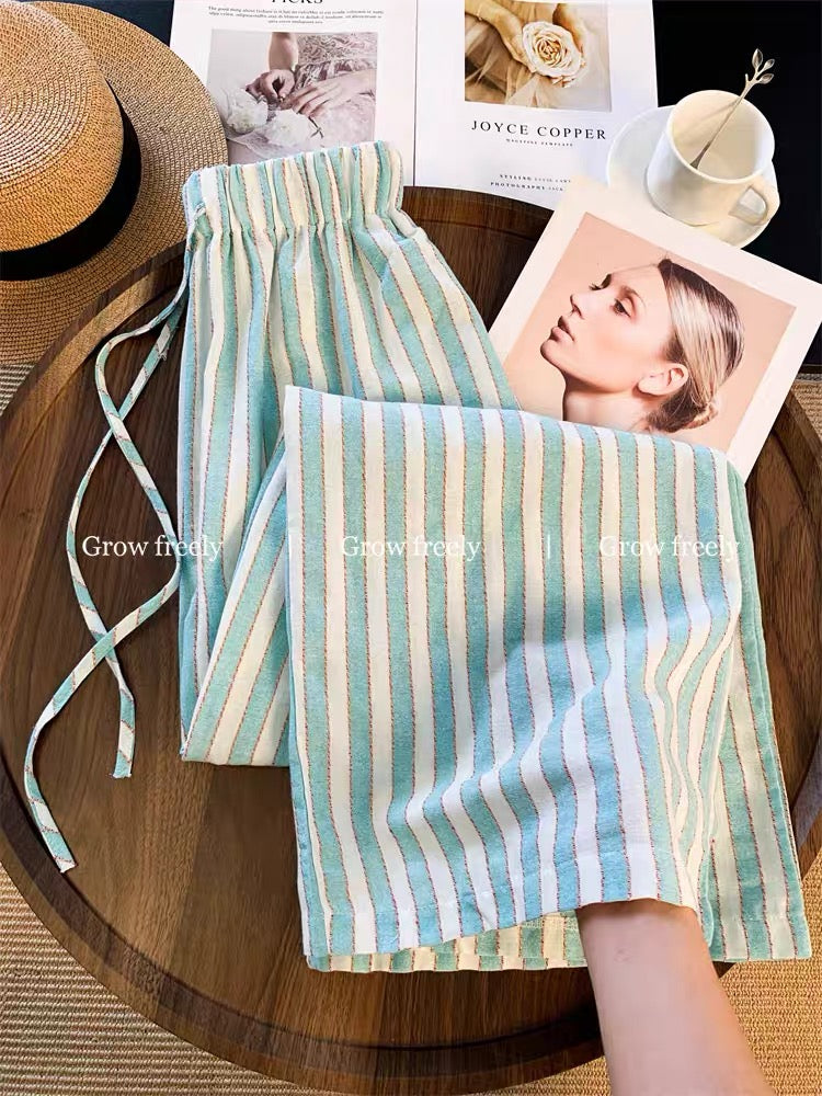 Grow freely Blue Striped Loose-fitting Relaxed Style Casual Pants Women's Summer Elastic Waist Wide-leg Pants
