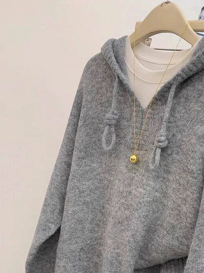 Gray pullover hooded sweater for women autumn and winter outer wear 2024 new hot style loose lazy style knitted sweater top