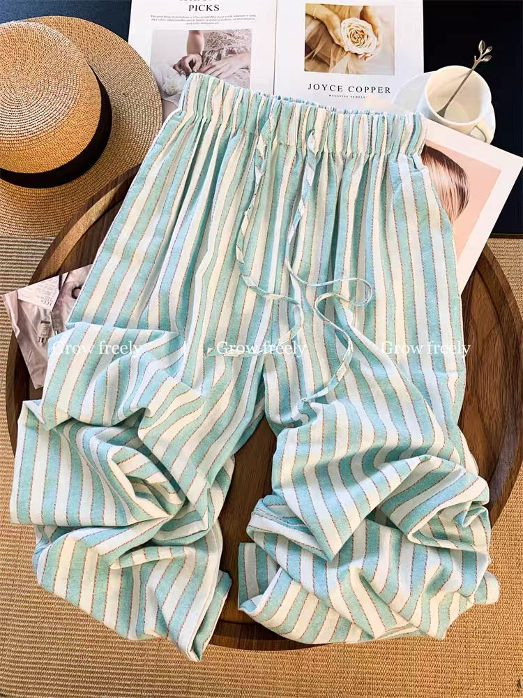 Grow freely Blue Striped Loose-fitting Relaxed Style Casual Pants Women's Summer Elastic Waist Wide-leg Pants