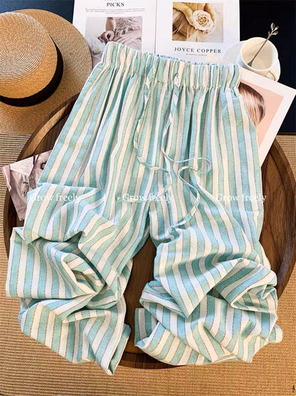 Grow freely Blue Striped Loose-fitting Relaxed Style Casual Pants Women's Summer Elastic Waist Wide-leg Pants