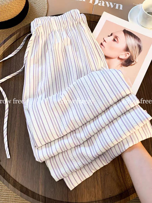 Grow freely purple striped relaxed casual wide-leg pants for women, summer thin loose slimming floor-length trousers