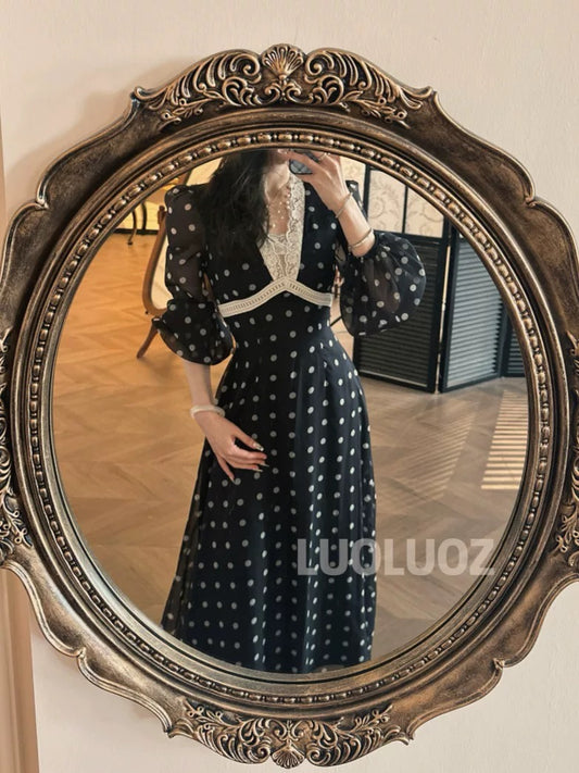 LUOLUOZ【Dynamic Beauty】High-End Elegant Long-Sleeved Mesh Polka Dot Fashion Long Dress CC195