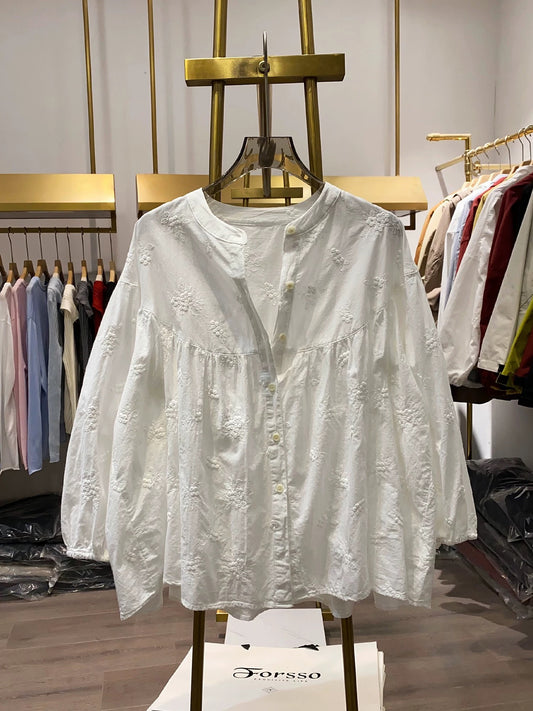[Xiao Ai's Shop Photos] Niche, Simple, High-End Grape Embroidery Blouse for Women, Loose Fit, Slimming Casual Top
