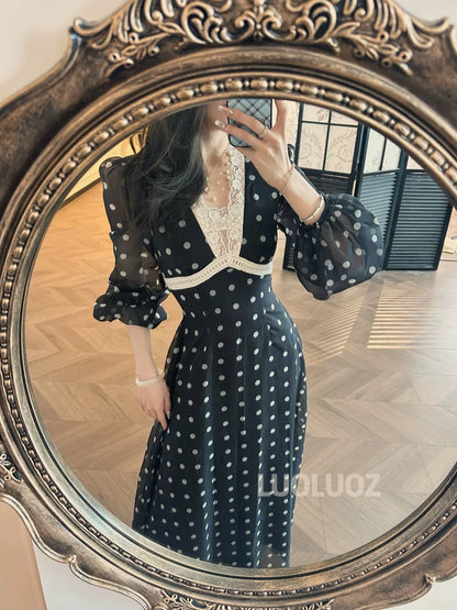 LUOLUOZ【Dynamic Beauty】High-End Elegant Long-Sleeved Mesh Polka Dot Fashion Long Dress CC195