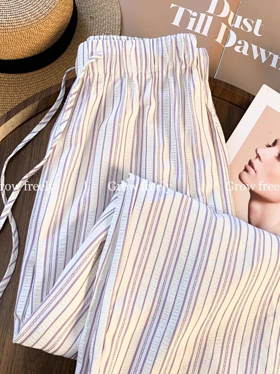 Grow freely purple striped relaxed casual wide-leg pants for women, summer thin loose slimming floor-length trousers