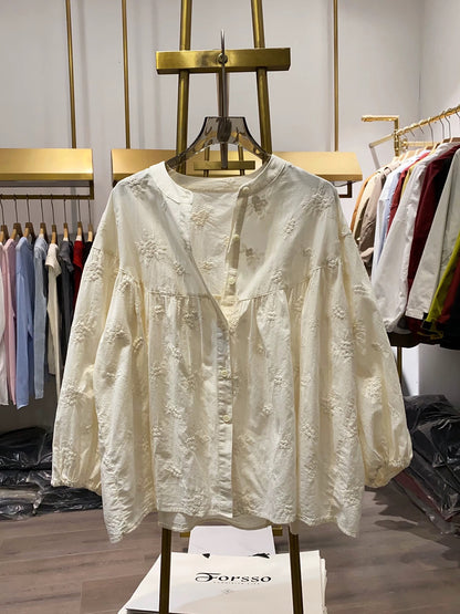 [Xiao Ai's Shop Photos] Niche, Simple, High-End Grape Embroidery Blouse for Women, Loose Fit, Slimming Casual Top