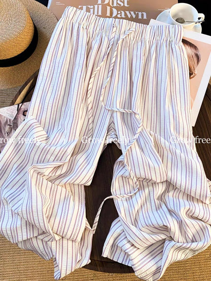 Grow freely purple striped relaxed casual wide-leg pants for women, summer thin loose slimming floor-length trousers