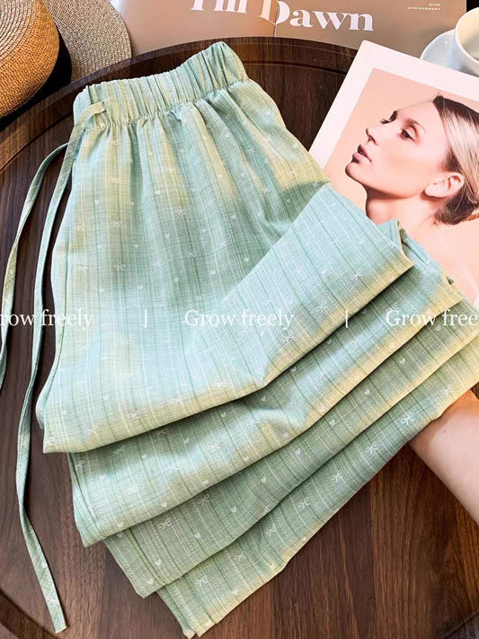 Grow freely, fresh green high-waisted wide-leg pants for women, summer loose casual bow drawstring trousers.