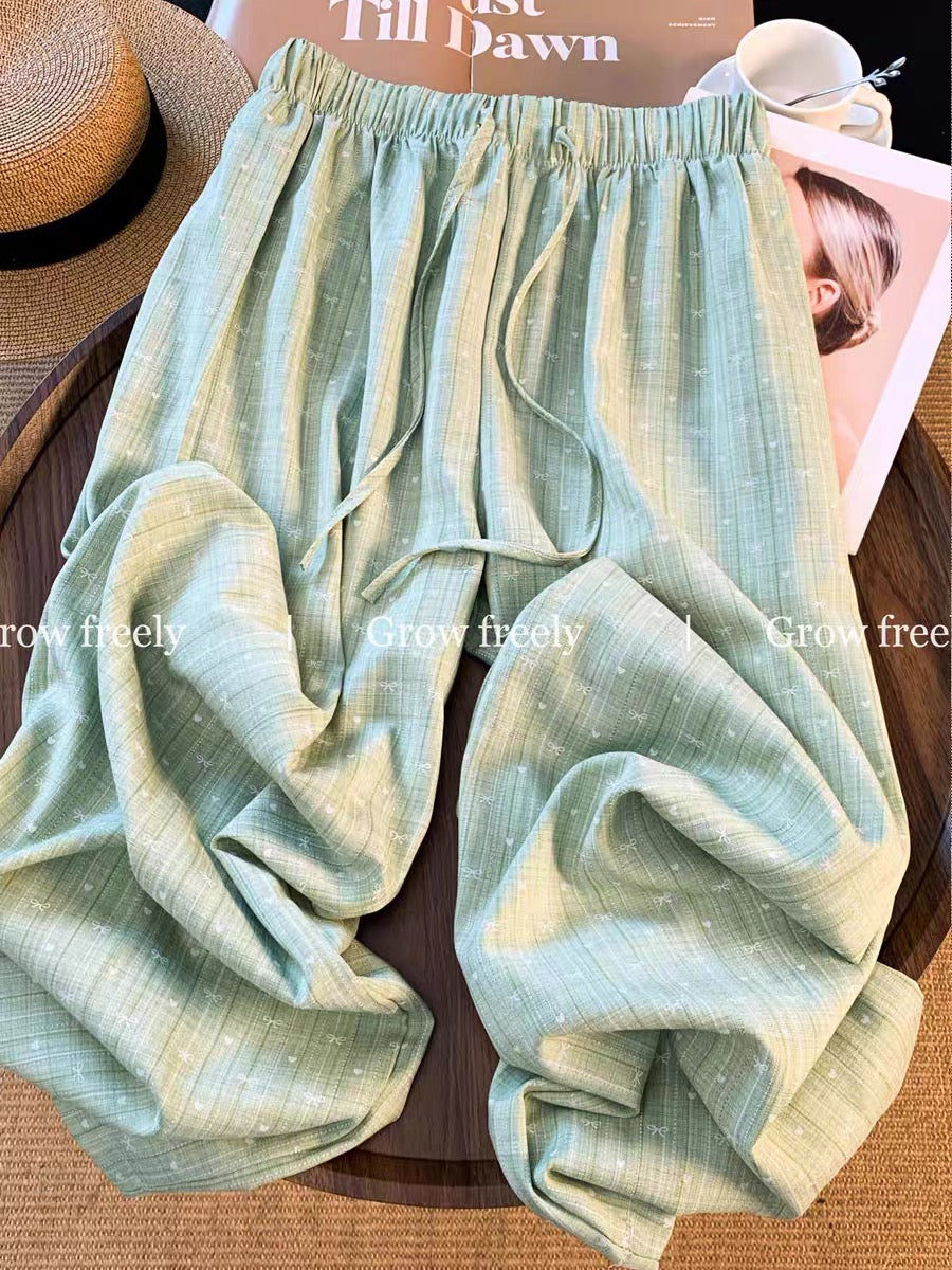 Grow freely, fresh green high-waisted wide-leg pants for women, summer loose casual bow drawstring trousers.