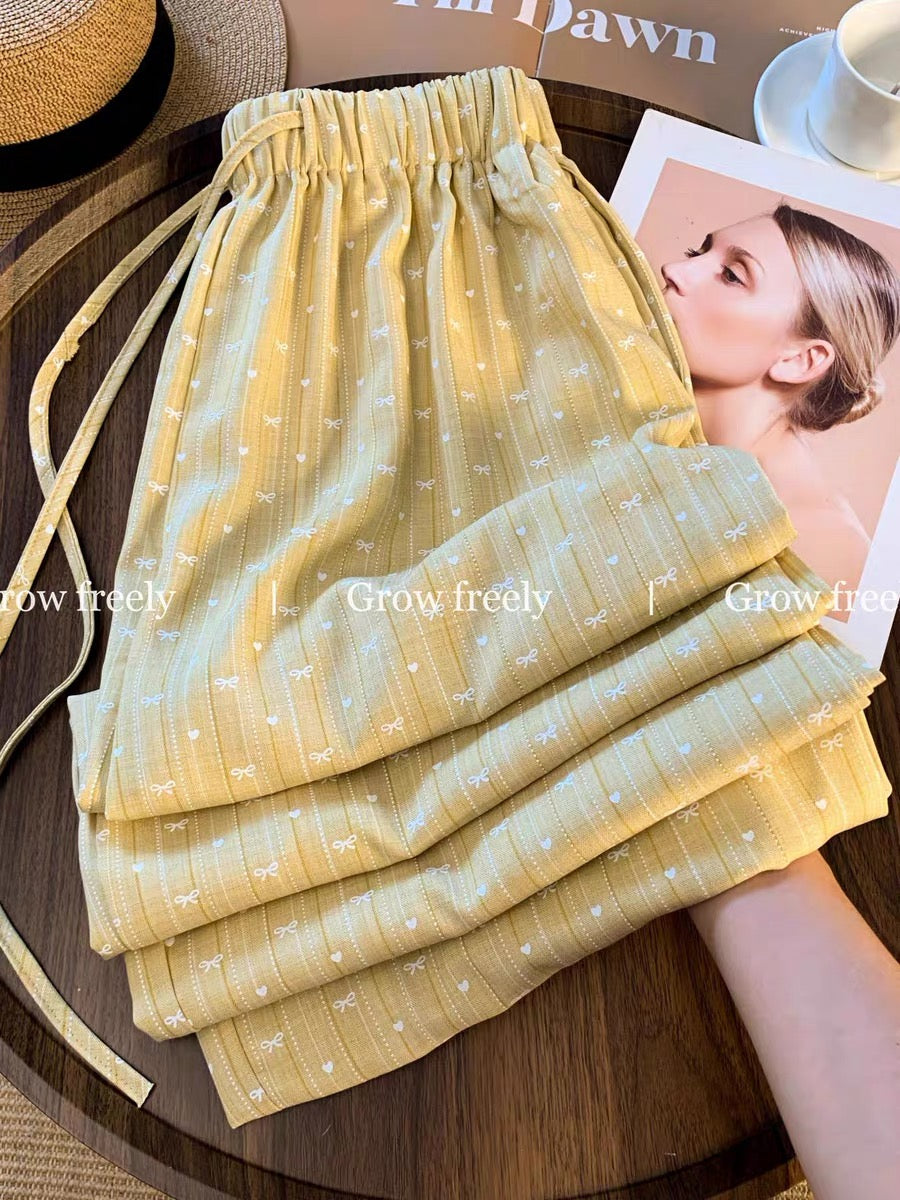 Grow freely, fresh green high-waisted wide-leg pants for women, summer loose casual bow drawstring trousers.