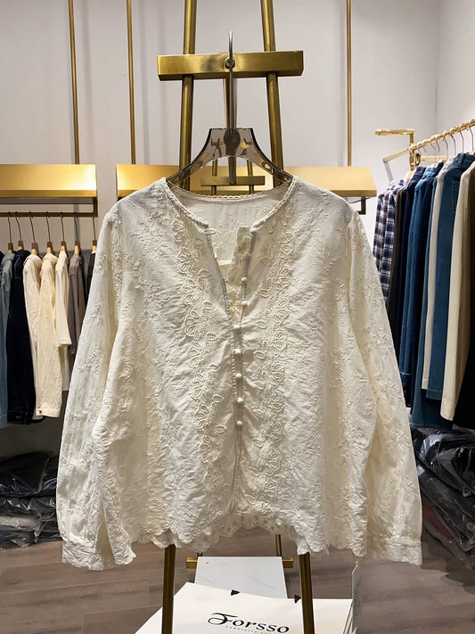 [Xiao Ai's Stall Photos] Korean Style Half-Dimensional Embroidered Blouse for Women, Autumn Round Neck Casual Long Sleeve Top