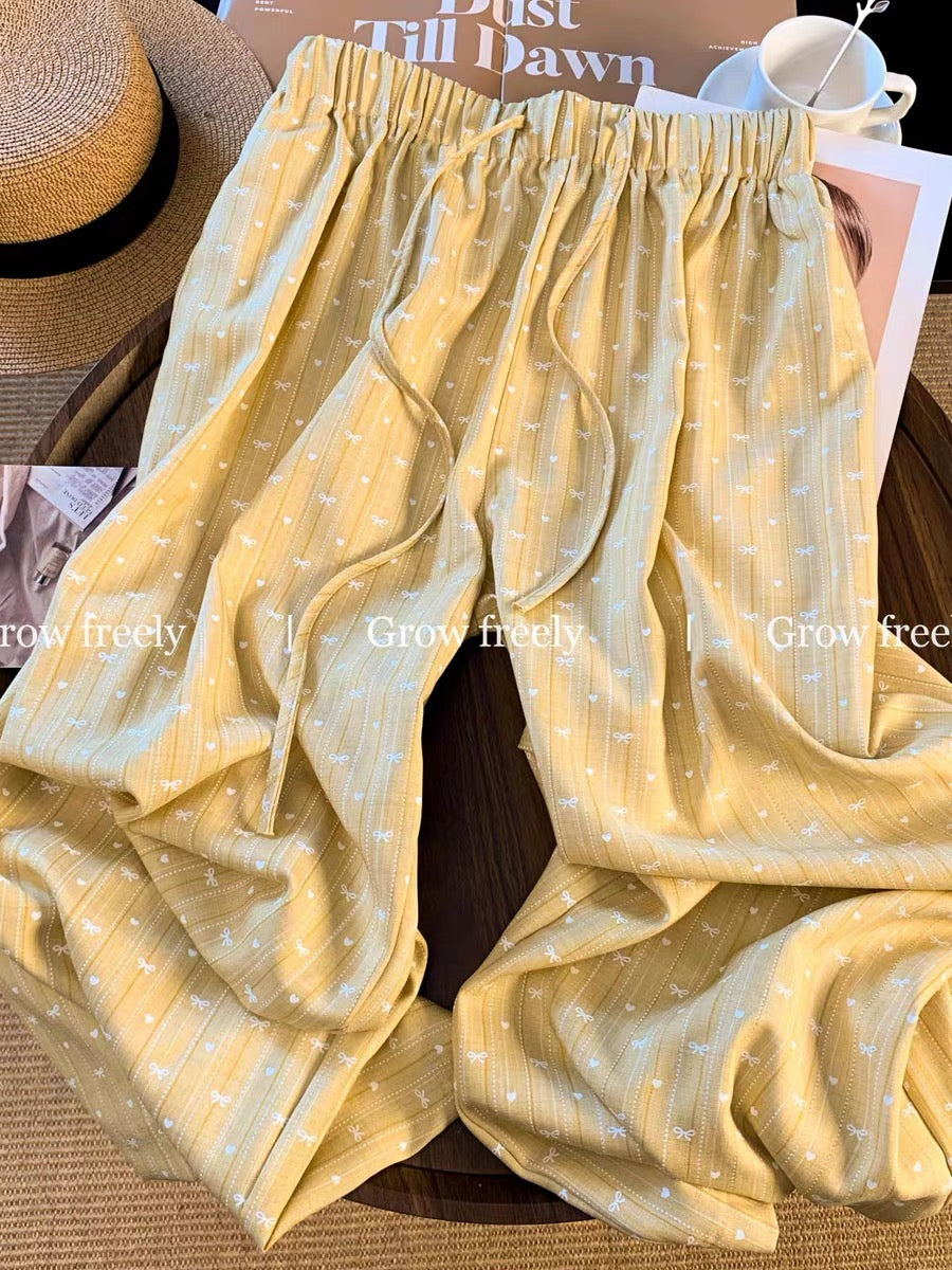 Grow freely, fresh green high-waisted wide-leg pants for women, summer loose casual bow drawstring trousers.