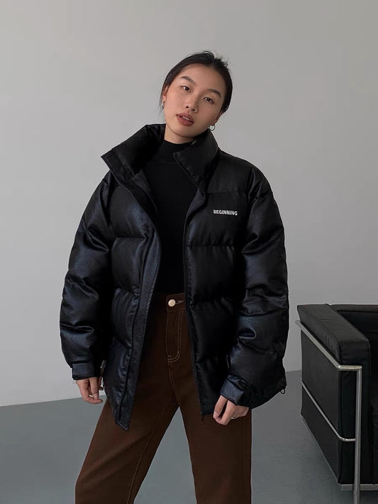 NEVA HU black stand-up collar pu leather cotton coat women's short autumn and winter new small bread cotton padded jacket