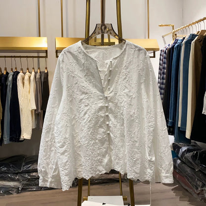 [Xiao Ai's Stall Photos] Korean Style Half-Dimensional Embroidered Blouse for Women, Autumn Round Neck Casual Long Sleeve Top