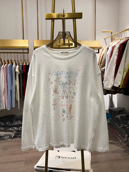 [Xiao Ai's Stall Photos] Korean Style Fun Dance Shoe Print Long-Sleeved T-Shirt for Women, Loose Fit, Casual, Versatile Top