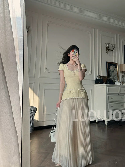 LUOLUOZ【Clear Sea Overlapping Waves】French High-End Elegance Faux Two-Piece Patchwork Exquisite Long Dress JF639