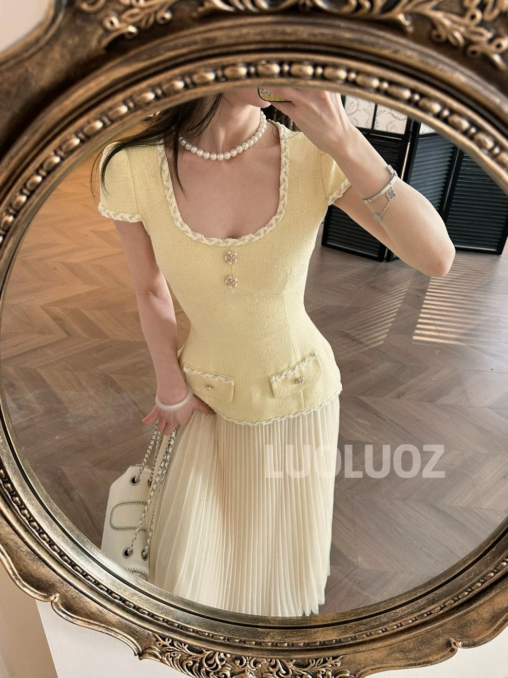 LUOLUOZ【Clear Sea Overlapping Waves】French High-End Elegance Faux Two-Piece Patchwork Exquisite Long Dress JF639